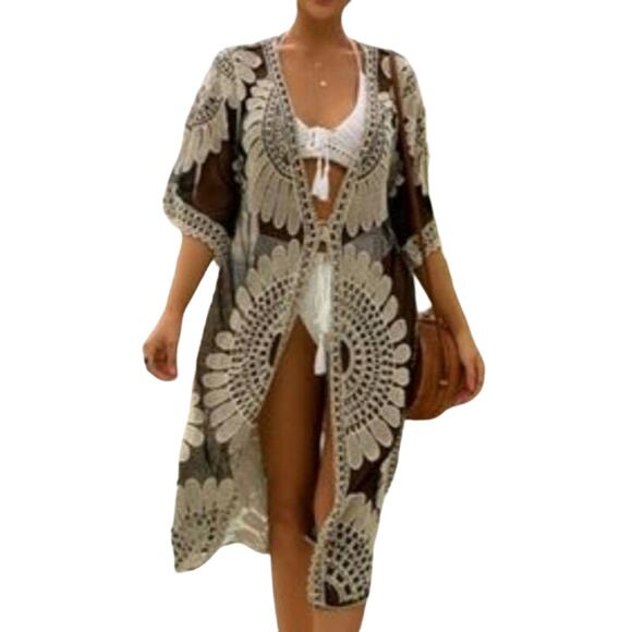 NWT Ember Sz M Embroidered Lace Tie Front Beach Swim Resort Cover Up Sheer Black - Picture 1 of 8